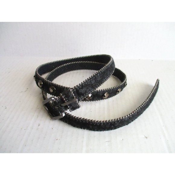 *Retro Black Leather Belt Shimmer Pony Hair Faceted Faux Gem Stone Accents main image 4
